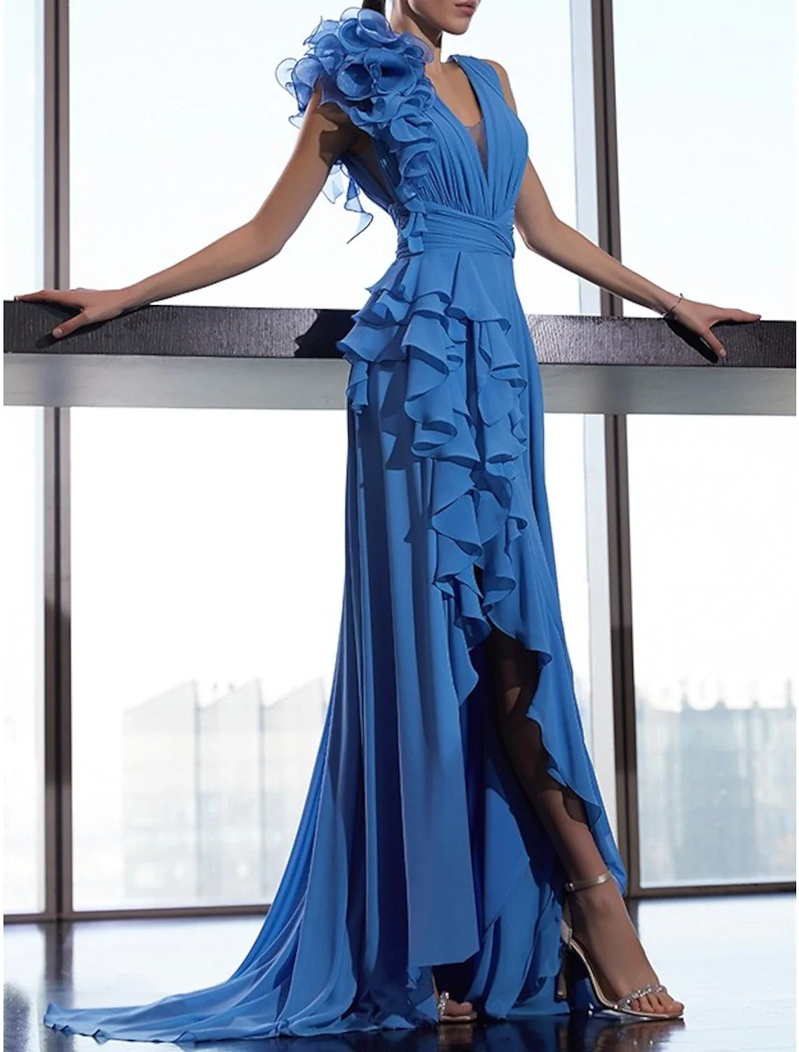 A-Line Evening Gown Floral Dress Formal Prom Court Train Sleeveless V Neck Fall Wedding Guest Chiffon with Ruffles Shouder Flower Tunics Sale discount A-Line Evening Gown Floral Dress Formal Prom Court Train Sleeveless V Neck Fall Wedding Guest Chiffon with Ruffles Shouder Flower Tunics Sale discount