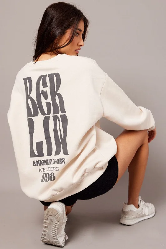 Beige Graphic Sweater Long Sleeve Terry Blend Velvet Blend Canvas Blend