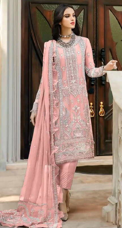 Women's Pink Georgette Embroidered With Handwork Kurta With Trouser & Dupatta - Jyoti Fashion Trousers trendy modern