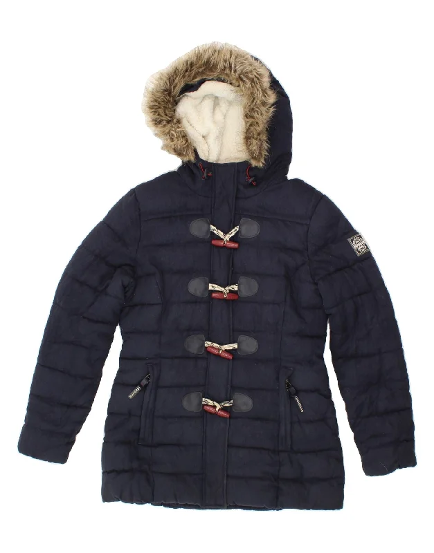 SUPERDRY Womens Hooded Padded Jacket UK 12 Medium Navy Blue Polyester Hooded Jacket Caped Jacket Shawl Collar Jacket