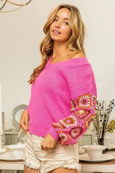BiBi V-Neck Crochet Long Sleeve Sweater Mesh Blend Leather Blend Suede Blend