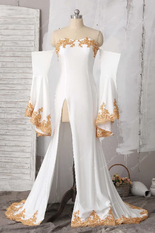 Lace White Jersey Off Shoulder Bell Sleeve Sexy Slit Mermaid Prom Gown Animal Print Jersey Tee