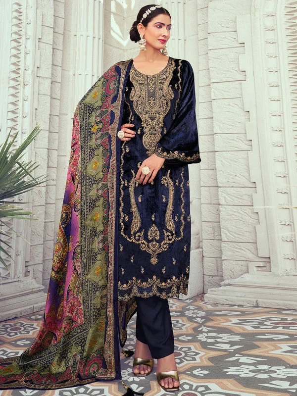 Women's Navy Blue Velvet Cording With Digital Printed Kurta With Trouser & Dupatta - Jyoti Fashion Trousers Lace Delicate