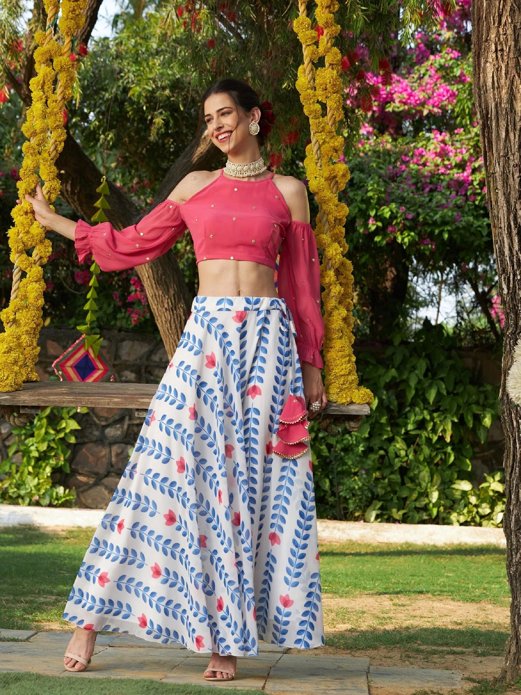 Women Pink Embroidered Crop Top With Lotus Print Flared Skirt Elegant Classic Vintage