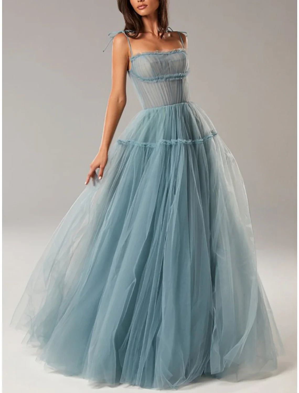 A-Line Evening Gown Elegant Dress Formal Floor Length Sleeveless Spaghetti Strap Tulle with Bow(s) Pleats A-Line Day Work A-Line Evening Gown Elegant Dress Formal Floor Length Sleeveless Spaghetti Strap Tulle with Bow(s) Pleats A-Line Day Work
