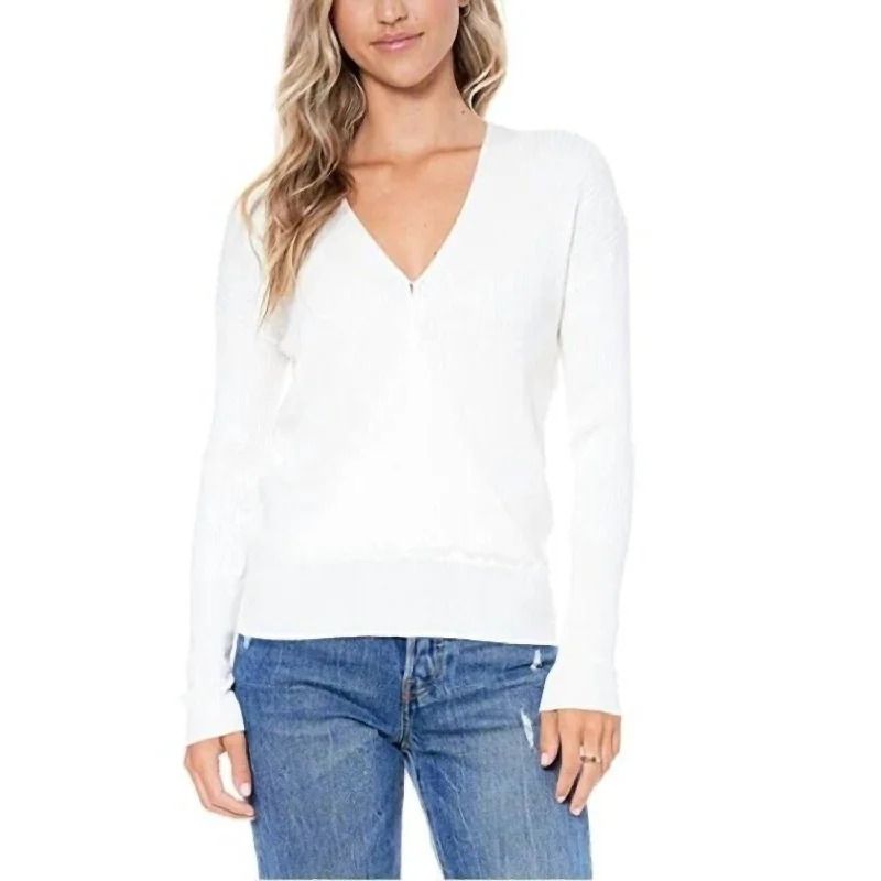 Ribbed V Neck Faux Wrap Knit Surplice Sweater In White High Neck Crew Neck V-Neck