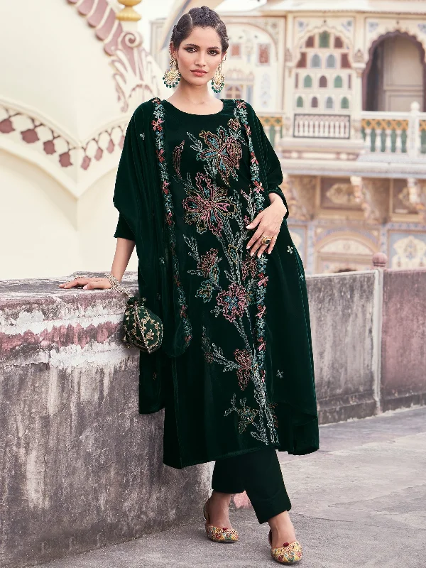 Women's Green Velvet Resham Thread With Jari & Sequin Kurta With Trouser & Dupatta - Jyoti Fashion Trousers Bridal Satin