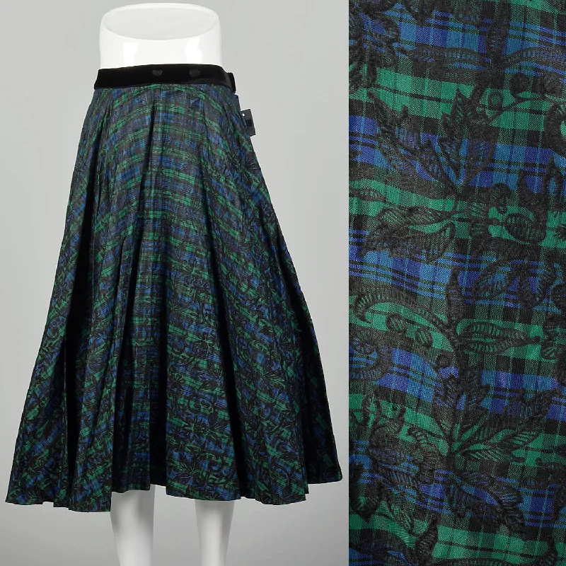 Large 1950s Full Circle Skirt Blue Flocked Plaid Taffeta wool skirt warm