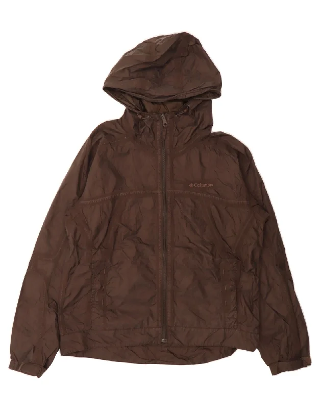COLUMBIA Womens Hooded Rain Jacket UK 16 Large Brown Nylon Faux Fur Fabric Real Fur Fabric Shearling Fabric