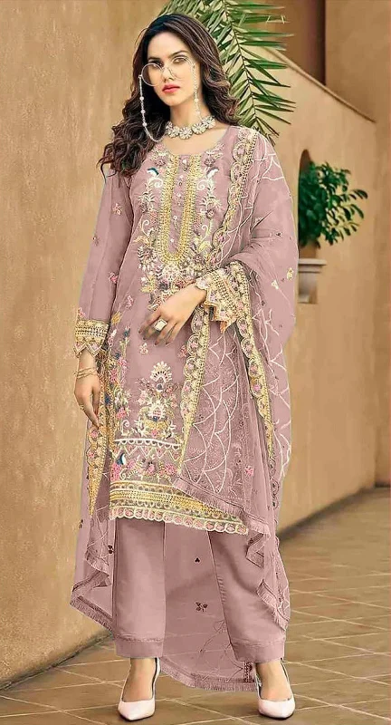 Women's Light Purple Organza Silk Embroidered With Handwork Kurta With Trouser & Dupatta - Jyoti Fashion Trousers versatile all-occasion