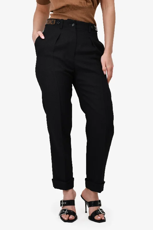 Louis Vuitton Black Wool Leather Monogrammed Detail Cuffed Hem Trousers Size 34 Trousers Winter Warm