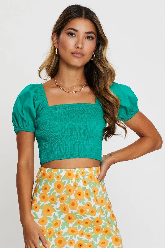 Green Crop Top Short Sleeve Satin Fabric Silk Fabric Chiffon Fabric