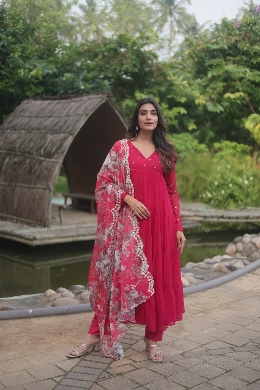 Women's Pink Faux Blooming Butti Work Kurta With Trouser & Dupatta - Jyoti Fashion Trousers New Arrival