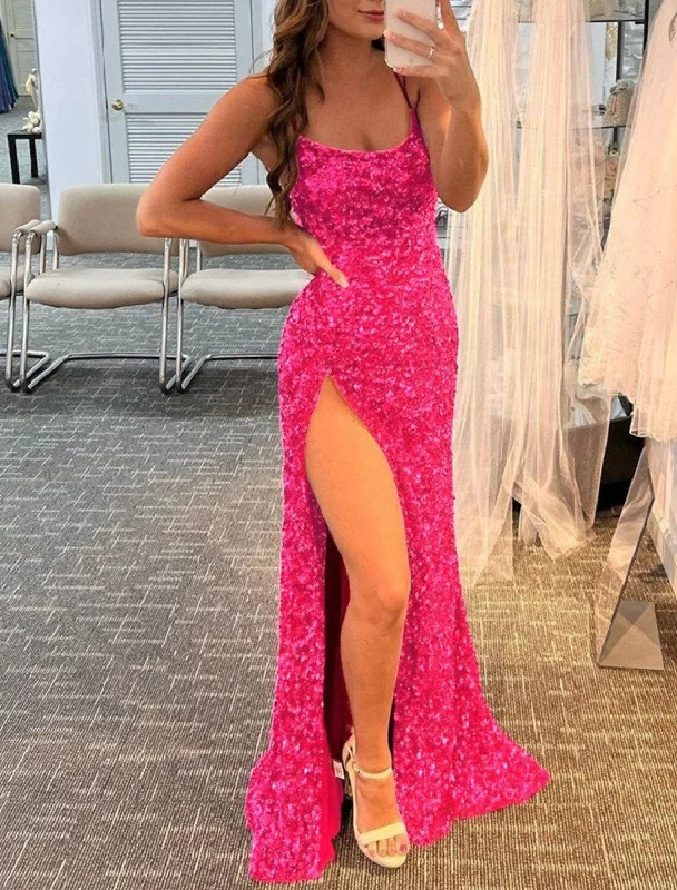 Mermaid / Trumpet Prom Dresses Sparkle & Shine Dress Wedding Guest Party Wear Floor Length Sleeveless Spaghetti Strap Sequined with Sequin Slit Tunics Versatile functional Mermaid / Trumpet Prom Dresses Sparkle & Shine Dress Wedding Guest Party Wear Floor Length Sleeveless Spaghetti Strap Sequined with Sequin Slit Tunics Versatile functional