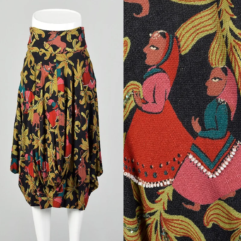 XS 1940s Novelty Print Cotton Harem Skirt ribbed skirt waist