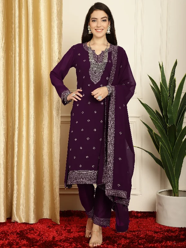 Women's Burgundy Georgette Resham Thread & Sequin Kurta With Trouser & Dupatta - Jyoti Fashion Trousers Vintage Classic