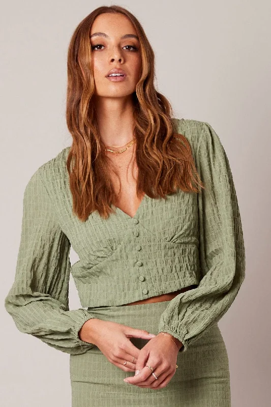 Green Crop Top Long Sleeve Textured Hooded Caped Shawl Collar