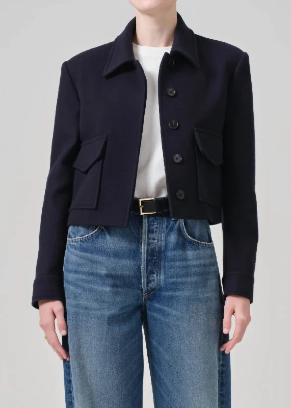 Corina Cropped Boxy Jacket In Navy Corduroy Jacket Velvet Jacket Brocade Jacket