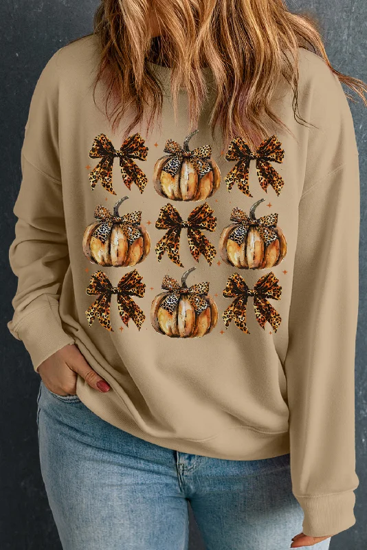 Apricot Halloween Leopard Pumpkin Bow Knot Print Plus Size Sweatshirt Hoodie with Toggle Buttons Decorative Unique