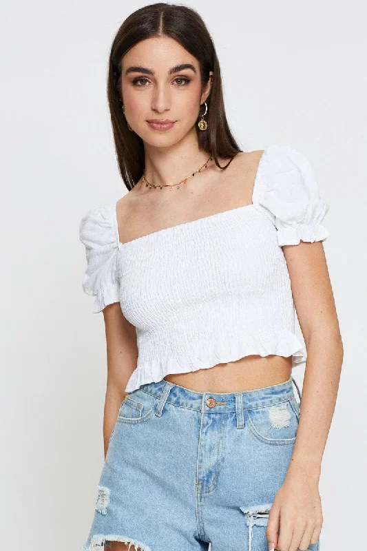 White Crop Top Short Sleeve Square Neck Shirred Waist Elegant Classic Vintage