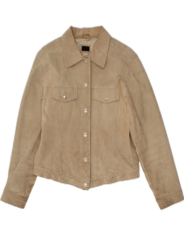 VINTAGE Womens Suede Jacket UK 14 Medium Beige Leather Toggled Jacket Drawstring Jacket Belted Jacket
