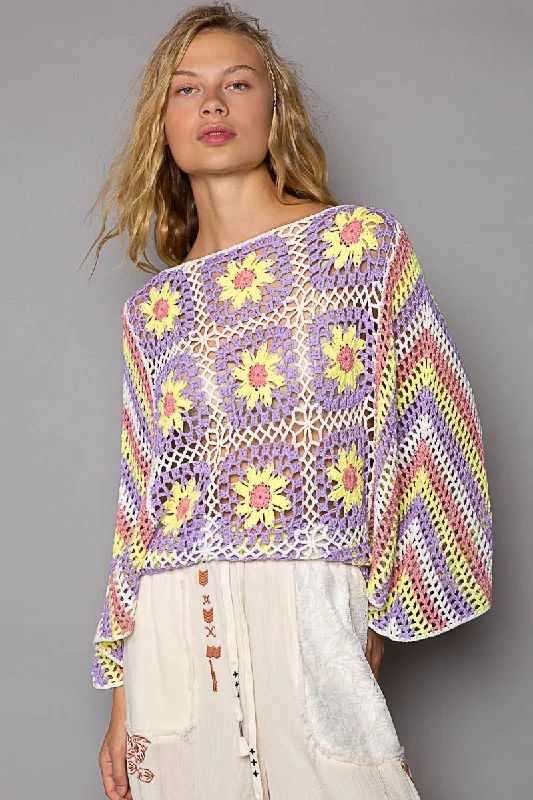 3/4 Sleeve Handmade Panel Sweater - Lilac/Yellow Multi Thin Thick Dense