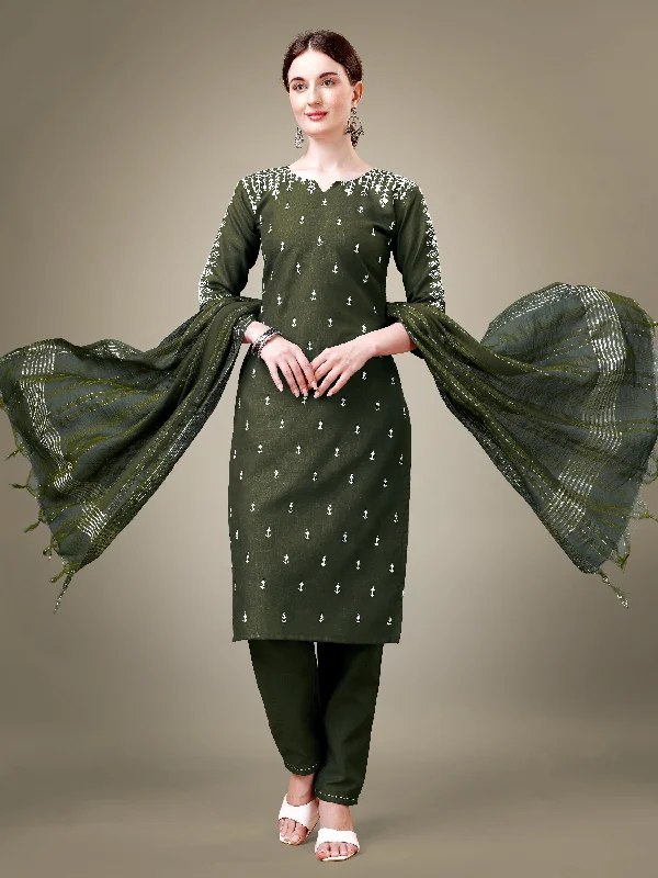 Women's Dark Green Cotton Blend Embroidery & Sequence Work Kurta With Trouser & Dupatta - Jyoti Fashion Trousers Hiking Durable