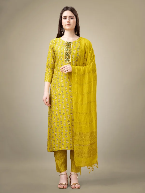 Women's Yellow Rayon Embroidery & Sequence Work Kurta With Trouser & Dupatta - Jyoti Fashion Trousers Flared Retro