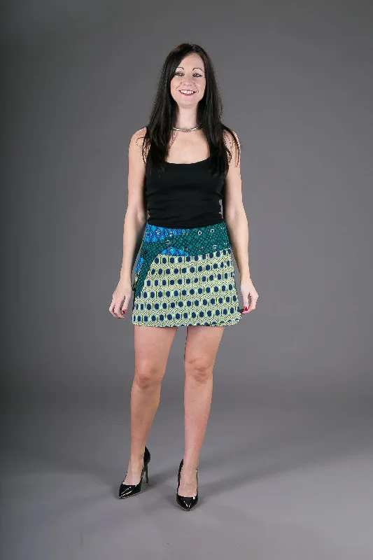 Reversible Cotton Skirt Blue Yellow Geometric Print with Pocket zip skirt side