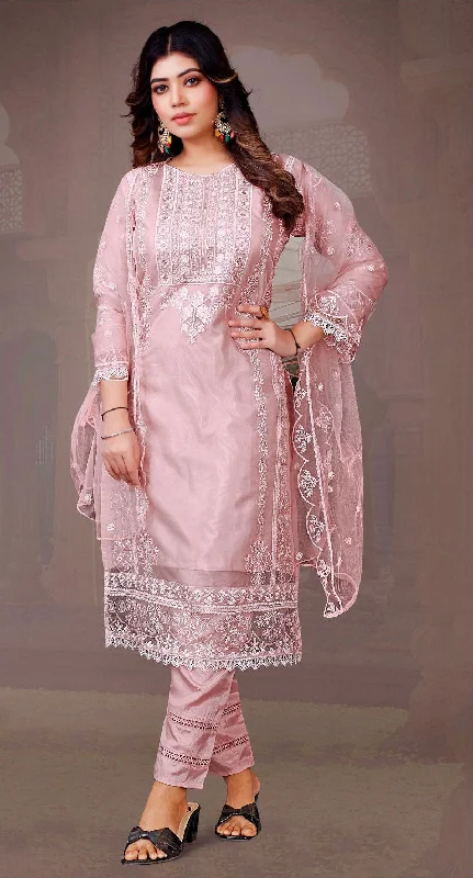 Women's Pink Organza Embroidered Kurta With Trouser & Dupatta - Jyoti Fashion Trousers chic elegant