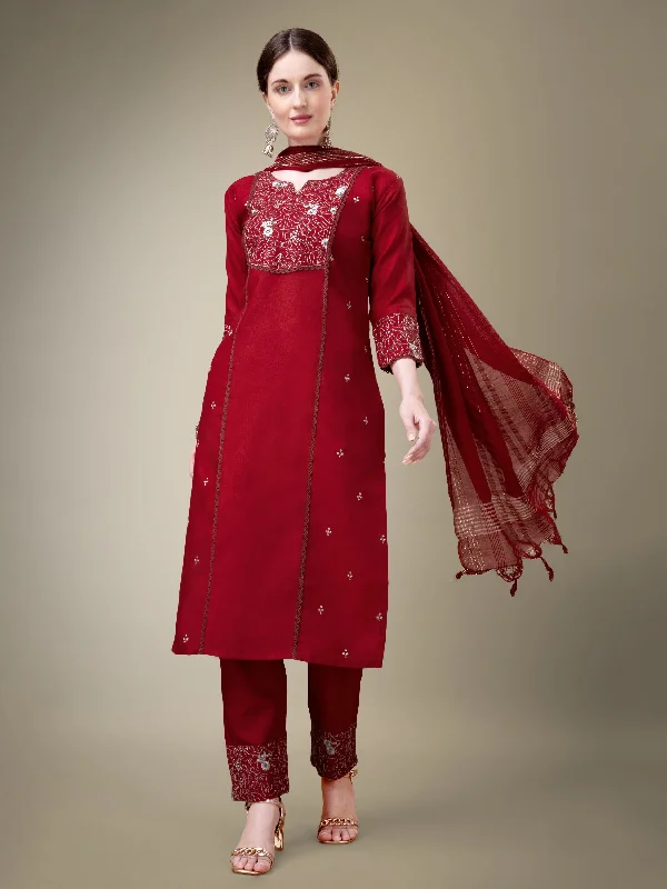 Women's Maroon Cotton Blend Embroidery & Fancy Lace Work Kurta With Trouser & Dupatta - Jyoti Fashion Trousers Lace Delicate