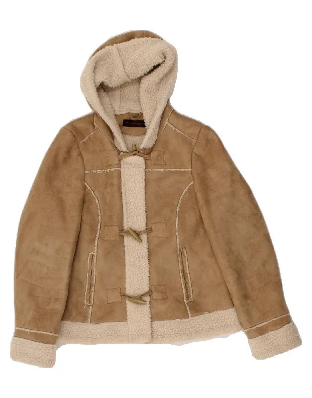 MISS SELFRIDGE Womens Hooded Sherpa Jacket UK 10 Small Brown Polyester Zippered Front Buttoned Front Snap Front