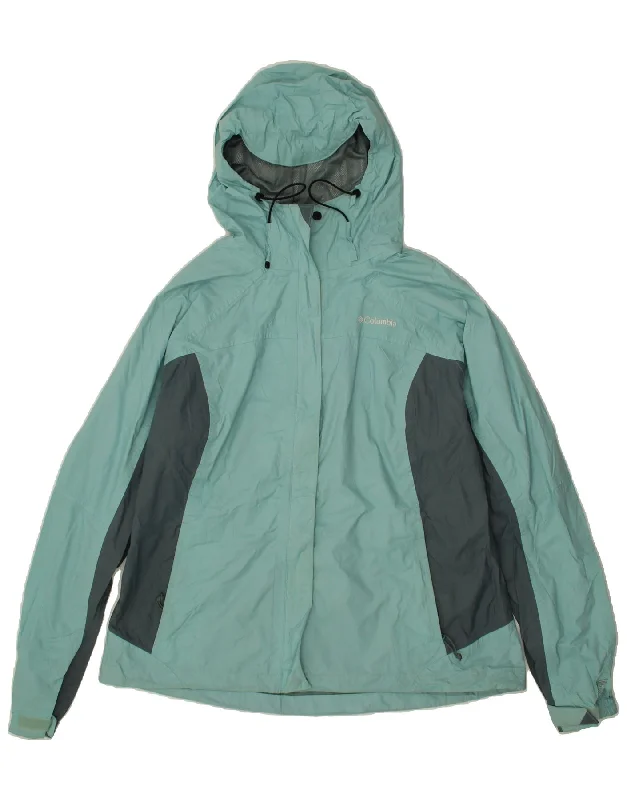 COLUMBIA Womens Hooded Rain Jacket UK 18 XL Green Colourblock Nylon Print Jacket Jacquard Jacket Patchwork Jacket