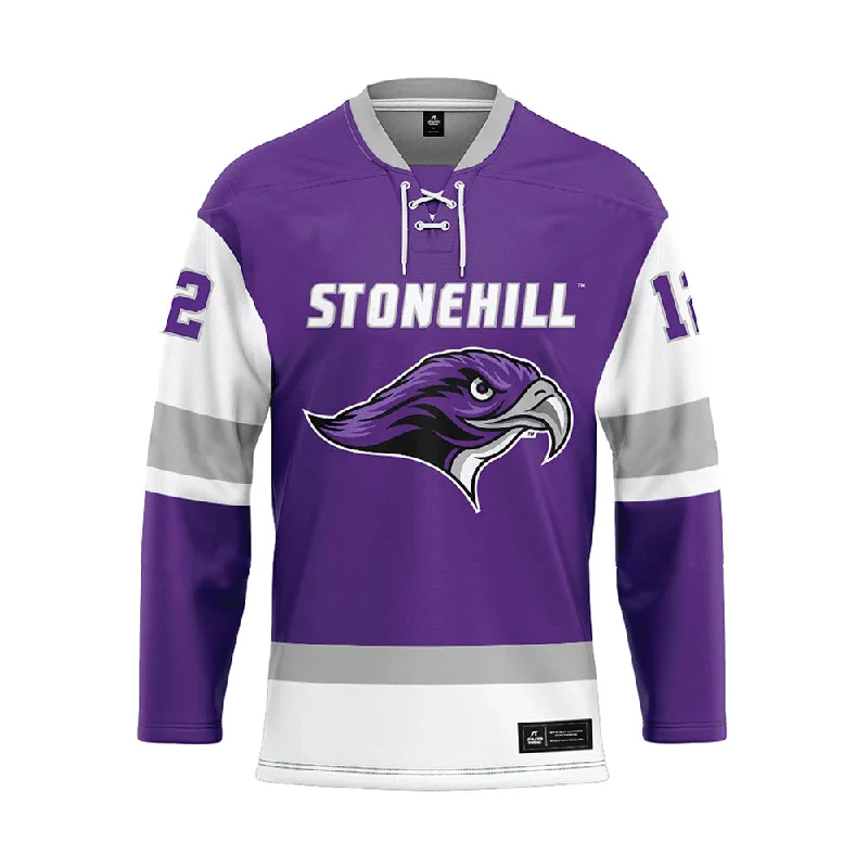 Stonehill - NCAA Women's Ice Hockey : Brianna Walkom - Purple Hockey Jersey Gold Jersey Tee Stonehill - NCAA Women's Ice Hockey : Brianna Walkom - Purple Hockey Jersey Gold Jersey Tee