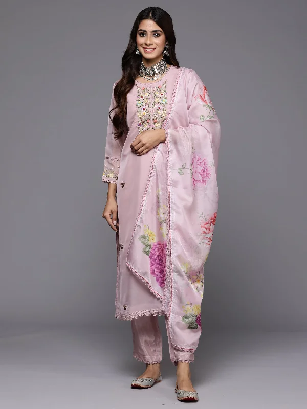 Women's Muve Embroidered Straight Kurta Trousers With Dupatta Set - Indo Era Trousers Striped Patterned