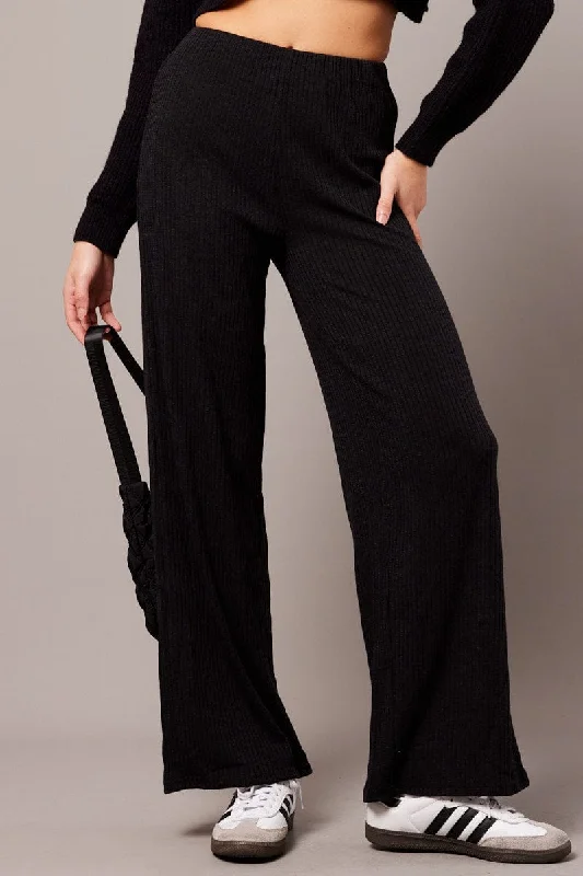 Black Wide Leg Pants Rib Jersey Striped Jersey Top