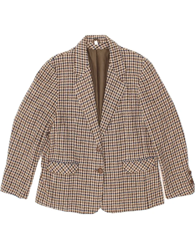 VINTAGE Womens 2 Button Blazer Jacket UK 18 XL Grey Houndstooth Nylon Collared Jacket Crew Neck Jacket Turtle Neck Jacket