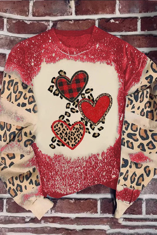 Red Leopard Heart Shaped Bleached Print Pullover Sweatshirt Hoodie with Puffed Sleeves Voluminous Trendy