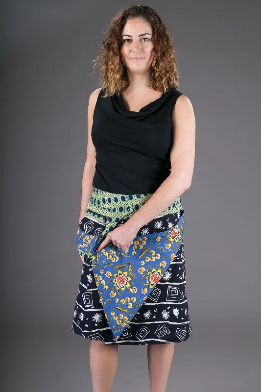 Reversible Cotton Skirt Blue Floral Black White Print with Pocket denim skirt durable Reversible Cotton Skirt Blue Floral Black White Print with Pocket denim skirt durable