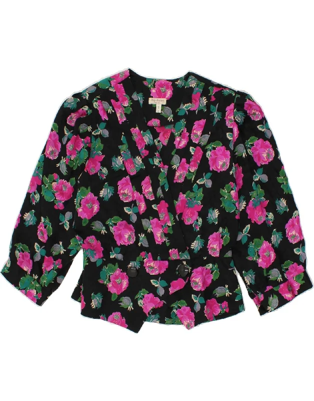 VINTAGE Womens 3/4 Sleeve Blazer Jacket UK 14 Medium Black Floral Denim Jacket Leather Jacket Suede Jacket