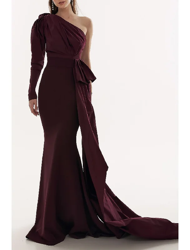 Mermaid / Trumpet Evening Gown Elegant Dress Formal Fall Court Train Long Sleeve One Shoulder Stretch Fabric with Pleats Tunics Occasion special Mermaid / Trumpet Evening Gown Elegant Dress Formal Fall Court Train Long Sleeve One Shoulder Stretch Fabric with Pleats Tunics Occasion special