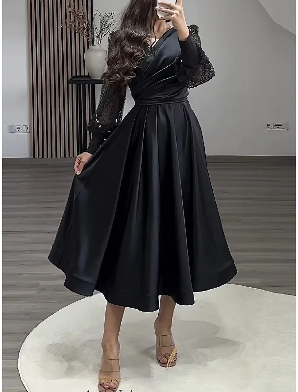 A-Line Evening Gown Elegant Dress Formal Tea Length Long Sleeve V Neck Satin with Glitter Pleats Ruched Turtleneck Warm Winter A-Line Evening Gown Elegant Dress Formal Tea Length Long Sleeve V Neck Satin with Glitter Pleats Ruched Turtleneck Warm Winter