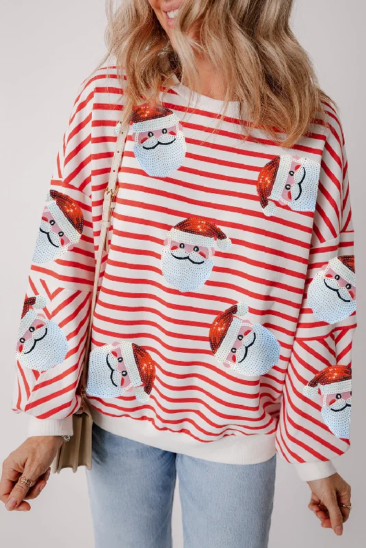Orange Stripe Striped Sequin Santa Claus Pattern Christmas Pullover Sweatshirt Hoodie with Snap Buttons Easy Quick