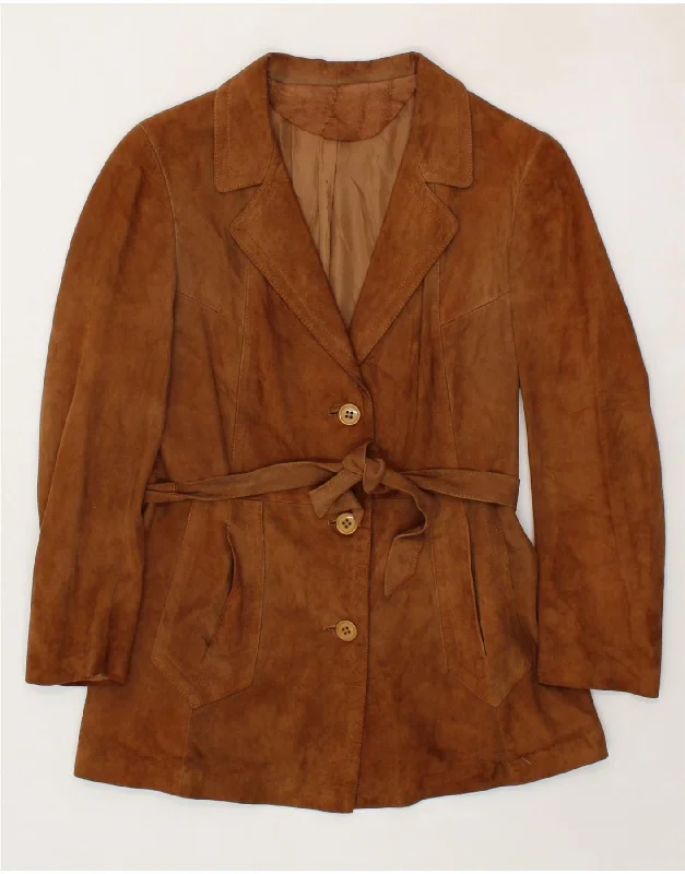 VINTAGE Womens Suede Jacket UK 10 Small Brown Faux Fur Fabric Real Fur Fabric Shearling Fabric