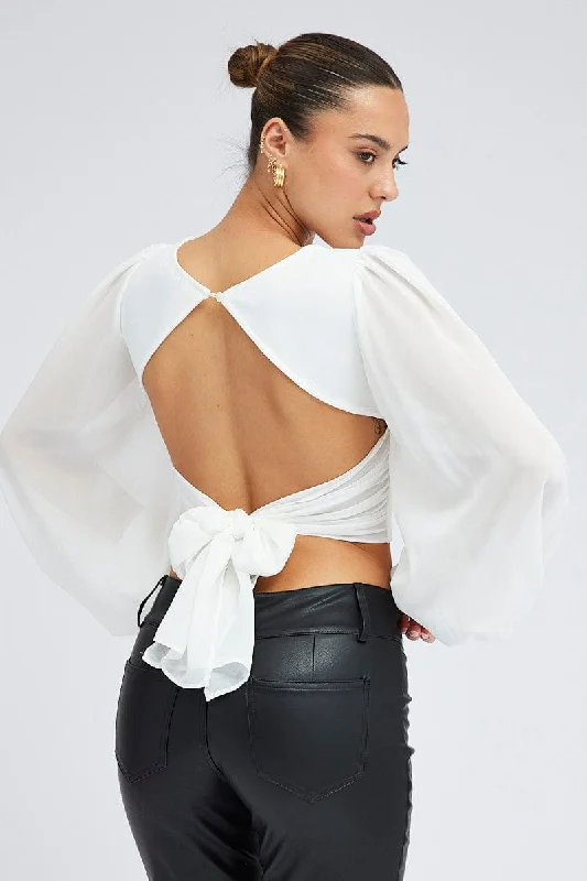 White Crop Top Long Balloon Sleeve Backless Plunge Top Solid Print Embellished