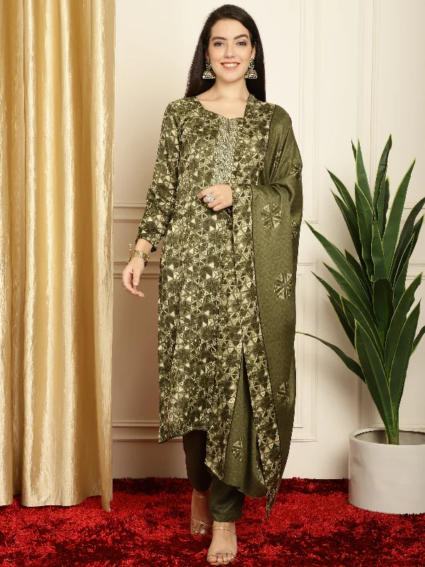 Women's Green Pashmina Floral Digital Printed Kurta With Trouser & Dupatta - Jyoti Fashion Trousers Custom Made