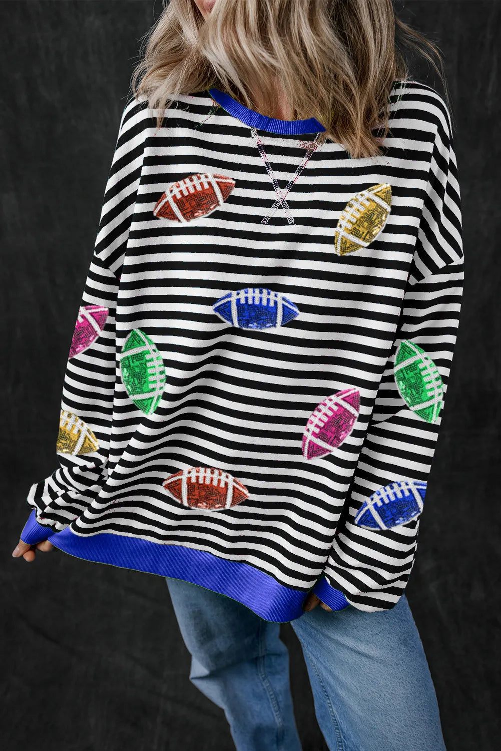 Sequin Football Striped Round Neck Long Sleeve Sweatshirt Hoodie with Rolled Sleeves Casual Relaxed