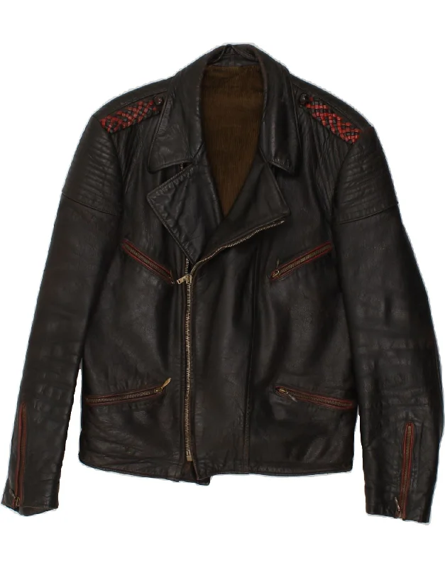 VINTAGE Womens Leather Biker Jacket UK 14 Medium Brown Leather Notch Collar Jacket Peter Pan Collar Jacket Cowl Neck Jacket