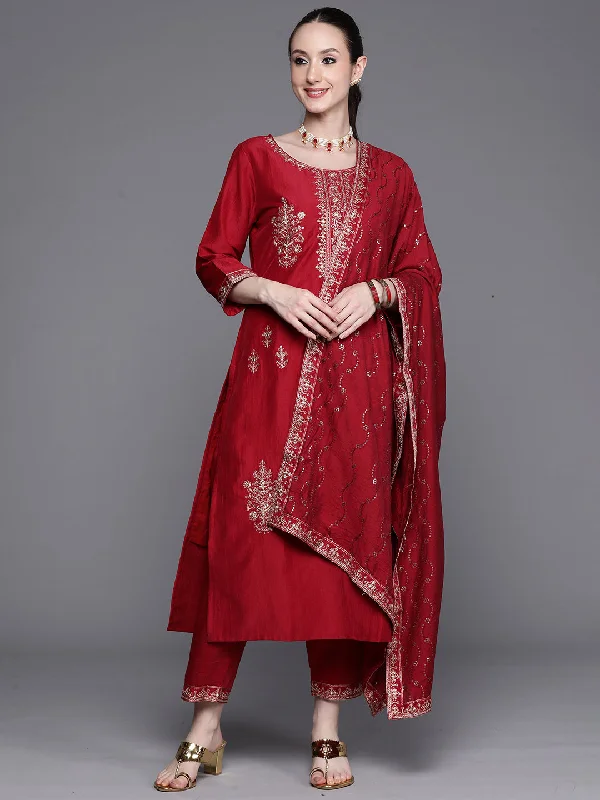 Women's Maroon Embroidered Ethnic Straight Kurta Trousers With Dupatta Set - Indo Era Trousers fashionable chic