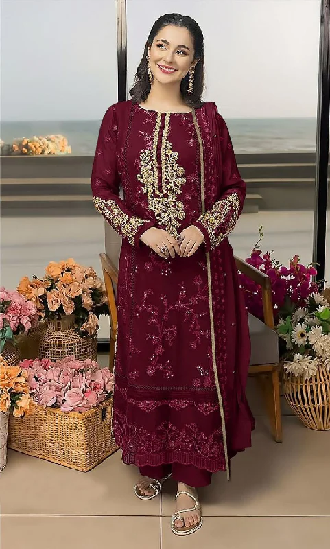 Women's Maroon Faux Georgette Embroidered Kurta With Trouser & Dupatta - Jyoti Fashion Trousers Harem Relaxed Fit